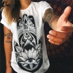 CWLSP Women T-Shirt Summer Short Sleeve Printed Retro T Shirt Owl And Palm Eye T Shirts Plus Size 2XL Tee Shirt Femme QA1152