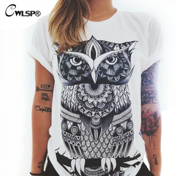 CWLSP Women T-Shirt Summer Short Sleeve Printed Retro T Shirt Owl And Palm Eye T Shirts Plus Size 2XL Tee Shirt Femme QA1152