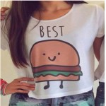 CWLSP Women T-shirt Short Sleeve Crop Top Hamburger Chips BEST FRIEND print T Shirt 2017 Hot Sale Friendship Tops t-shirt QA616