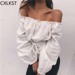 CXLKST Corset Tie Women Fashion Restore White Slim Bandage Sexy Slash Neck Off Shoulder Long Sleeve Female T-Shirt Tops