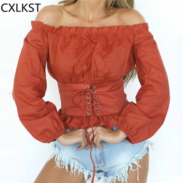 CXLKST Corset Tie Women Fashion Restore White Slim Bandage Sexy Slash Neck Off Shoulder Long Sleeve Female T-Shirt Tops