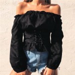 CXLKST Corset Tie Women Fashion Restore White Slim Bandage Sexy Slash Neck Off Shoulder Long Sleeve Female T-Shirt Tops