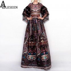 Casual Designer Dress 2017 Spring Europe New Fashion Retro Print Half Sleeve Floor-Length Slim Black Long Dress