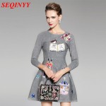 Casual Mini Dress 2017 Autumn Winter Nice New Embroidery Character Beading Paillette Empire Three Quarter Woolen Women Dress 