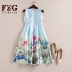 Casual Print Dress New 2017 Fashion Fresh Lotus Printing Sleeveless Vest A-line Dress Vestidos Vintage Woman tutu Midi Dresses