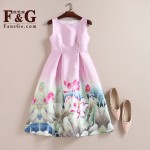 Casual Print Dress New 2017 Fashion Fresh Lotus Printing Sleeveless Vest A-line Dress Vestidos Vintage Woman tutu Midi Dresses