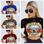 Casual Sexy Hole Female T-Shirt New GUNS N ROSES Print Crop Top T Shirt Cropped Tops Hollow Out Short Sleeve Tee Shirt Women