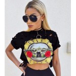 Casual Sexy Hole Female T-Shirt New GUNS N ROSES Print Crop Top T Shirt Cropped Tops Hollow Out Short Sleeve Tee Shirt Women