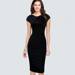 Casual Summer Cap Sleeve Pencil Dress Women Elegant Wear To Work Office Business Sheath Bodycon Black Dress HB310