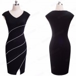 Casual Women Sheath Fitted Sleeveless Bodycon Pencil Dress Elegant Classic V Neck Split Summer Dress EB365