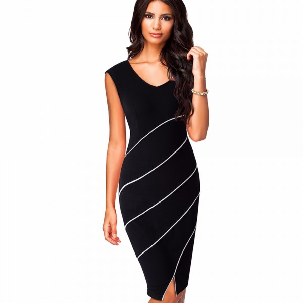 Casual Women Sheath Fitted Sleeveless Bodycon Pencil Dress Elegant Classic V Neck Split Summer Dress EB365