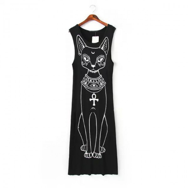 Celebrity Retro Dresses Trendy Women Ancient Egypt Cat Star Print Casual Slim Crewneck Sleeveless Long Tank Dress Black