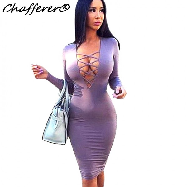 Chafferer Autumn Front Lace Up Sexy Dresses Long Sleeve Plus Size Evening Party Nightclubs Dress Women Cheap Clothes China