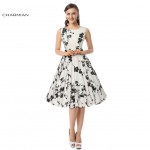 Charmian Elegant 1950s Vintage Floral Print Sleeveless Round Neck Casual Party Swing Dress with Black Waist Belt Christmas Dress