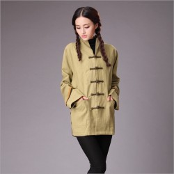 Chinese style Autumn Women Jackets Casual pure linen thickened Coat frog overcoat shell outer garment 2colors