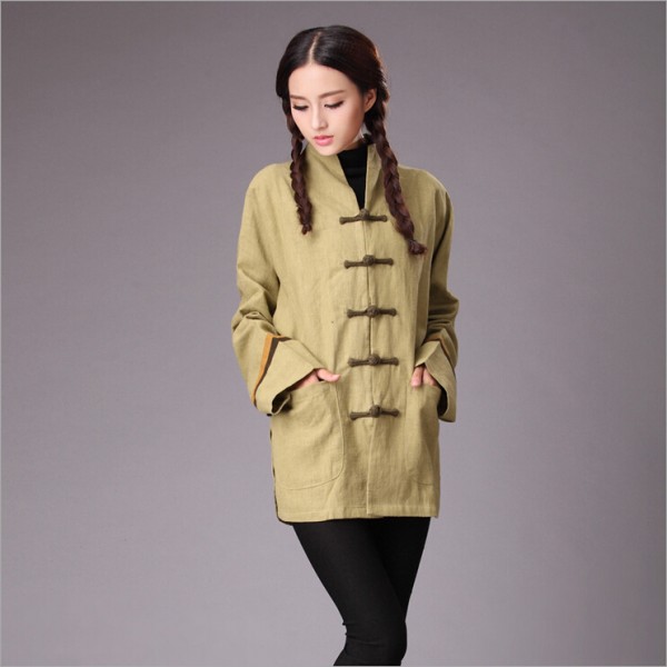 Chinese style Autumn Women Jackets Casual pure linen thickened Coat frog overcoat shell outer garment 2colors