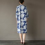 Chinese style Flower print Denim Women Knee length Dress Blue Cotton Floral Loose Summer Dress Vintage Casual Qipao Dresses A041