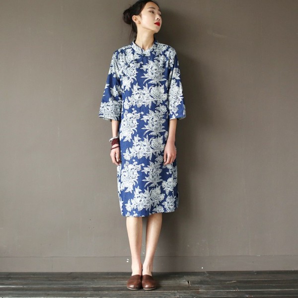 Chinese style Flower print Denim Women Knee length Dress Blue Cotton Floral Loose Summer Dress Vintage Casual Qipao Dresses A041