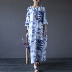 Chinese style Vintage Print Women Long Dress O-neck Loose Casual Plus size Summer Maxi Dress Oversized Robe Longue Femme A061