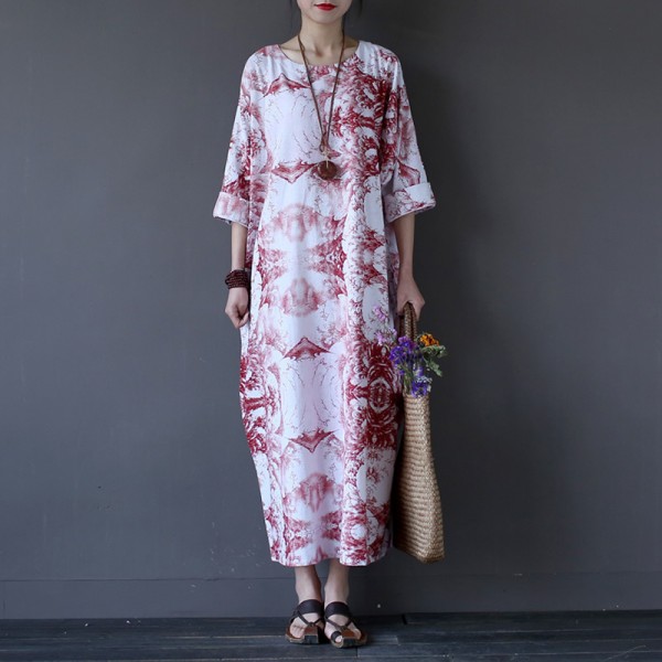 Chinese style Vintage Print Women Long Dress O-neck Loose Casual Plus size Summer Maxi Dress Oversized Robe Longue Femme A061