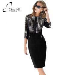 Chu Ni Fashion Women Autumn Work Elegant Patchwork Stretch Tunic Business Casual Office Formal Party Pencil Sheath Dress N053