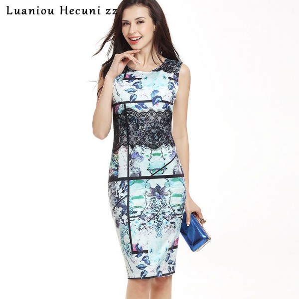 Chu Ni Floral Print Lace Patchwork Office Work Wear 2018 New Women Summer Sleeveless Business Casual Pencil Dresses L054