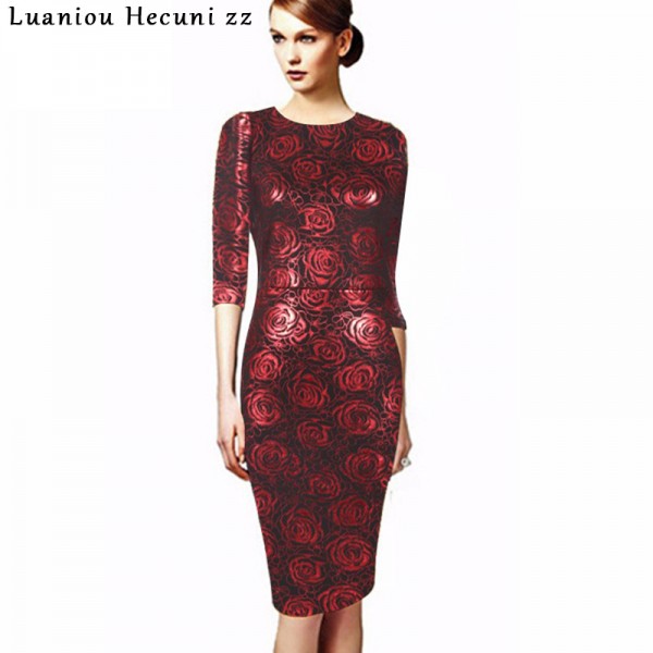 Chu Ni Women Autumn Elegant Floral Print Dress Retro Slim Work Office Business Wear Party Sheath Fitted Pencil Dress 3XL M033