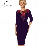 Chu Ni Womens Stylish Elegant Applique embroidery Crochet V-neck Work Office Bodycon Female 3/4 Sleeve Sheath Party Dress N060