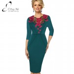 Chu Ni Womens Stylish Elegant Applique embroidery Crochet V-neck Work Office Bodycon Female 3/4 Sleeve Sheath Party Dress N060