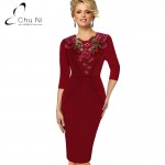 Chu Ni Womens Stylish Elegant Applique embroidery Crochet V-neck Work Office Bodycon Female 3/4 Sleeve Sheath Party Dress N060