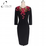 Chu Ni Womens Stylish Elegant Applique embroidery Crochet V-neck Work Office Bodycon Female 3/4 Sleeve Sheath Party Dress N060