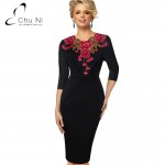 Chu Ni Womens Stylish Elegant Applique embroidery Crochet V-neck Work Office Bodycon Female 3/4 Sleeve Sheath Party Dress N060