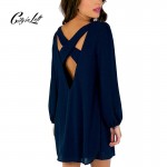 City 2017 Women Summer Casual Dress Long Sleeve O Neck Back Cross Hollow Out Sexy Candy Color Custom Casual Mini Shirt Dress 261