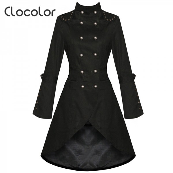 Clocolor Asymmetric Black Coat Stand Collar Long Sleeve Women Overcoat Elegant Plain boule-Breasted Slim Fall Winter women coat