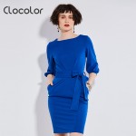 Clocolor Autumn Casual Dresses for Woman 2018 Solid Blue Dresses Women Spring Loose Camel O neck Casual Dresses with Sashes S XL