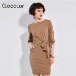 Clocolor Autumn Casual Dresses for Woman 2018 Solid Blue Dresses Women Spring Loose Camel O neck Casual Dresses with Sashes S XL