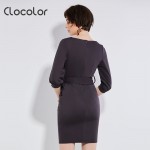 Clocolor Autumn Casual Dresses for Woman 2018 Solid Blue Dresses Women Spring Loose Camel O neck Casual Dresses with Sashes S XL