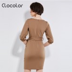 Clocolor Autumn Casual Dresses for Woman 2018 Solid Blue Dresses Women Spring Loose Camel O neck Casual Dresses with Sashes S XL