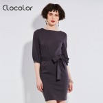 Clocolor Autumn Casual Dresses for Woman 2018 Solid Blue Dresses Women Spring Loose Camel O neck Casual Dresses with Sashes S XL