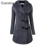Clocolor Winter Coat Women Long Horn Button Full Sleeve Navy Wool Jacket Faux Fur Gray Warm Hooded Winter Coat Women M-XXL 2017