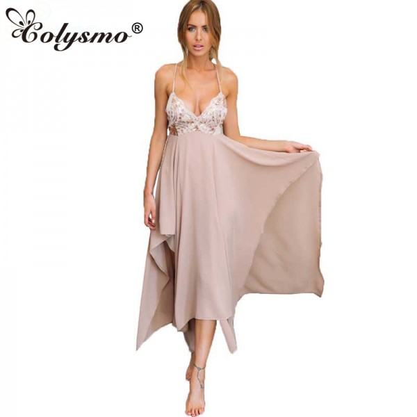 Colysmo Deep V Neck Asymmetrical Women's Sequin Maxi High Low Dress New Long Bohemian Party Beach Long Dress Sundress Club Wear