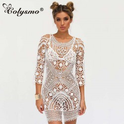 Colysmo Hollow Out Embroidery Boho Dress Lace Crochet Women Floral Mini Beach Dress Sundress Beachwear Day Sexy Dress Vestidos