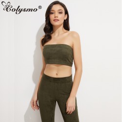Colysmo Sexy Strapless Strechable Women Suede Bustier Bandeau Crop Top Tank Tops Autumn Winter Spring Tube Top Sleeveless Vest 