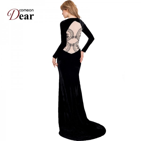 Comeondear Black Velvet Dress Party Evening Back See Through Lace Long Party Dress RJ70214 Two Style Noble Elegant Formal Dress