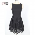 Comeondear Fit And flare Skater Dress Round Neck Sleeveless Lace Insert Cute Short Dress RJ80049 Zip Plus Size Sweet Black Dress