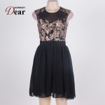 Comeondear Fit And flare Skater Dress Round Neck Sleeveless Lace Insert Cute Short Dress RJ80049 Zip Plus Size Sweet Black Dress