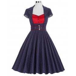 Cotton Polka Dot dresses 2016 Summer women Lapel Collar short sleeve vinatge rockabilly housewife pin up dress with belt 50s
