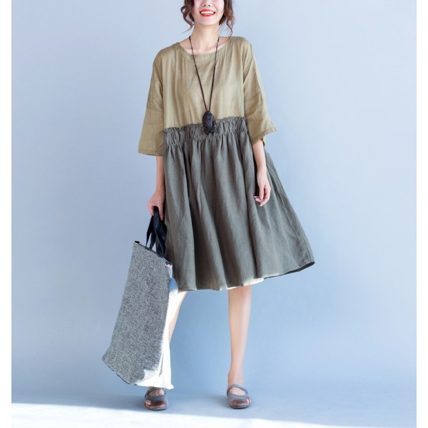 Cotton and Linen Shirt Dress Women's Loose Big Size Stitching Casual Women Dress