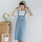 Countryside Style Mori Girl Fresh Garden Floral Embroidery Spaghetti Strap Dress Solid Color High Waist Preppy Style Denim Dress