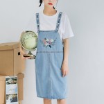 Countryside Style Mori Girl Fresh Garden Floral Embroidery Spaghetti Strap Dress Solid Color High Waist Preppy Style Denim Dress